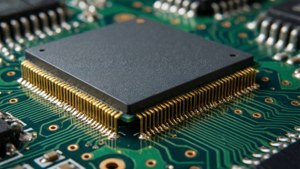 Detailed macro shot of a CPU chip on a green circuit board