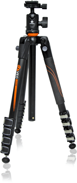 Black and orange Veo tripod with adjustable legs and ball head.