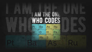 Texten lyder 'I AM THE ONE WHO CODES' med ett periodiskt system av programmeringsspråk.