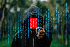 Hacker i hættetrøje peger på rød binær kode, der falder i skoven
