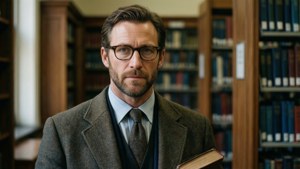 Luke Evans como um professor erudito em uma biblioteca.