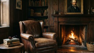 Hyggeligt studereværelse med lædersofa og poesibøger, der minder om Dead Poets Society-professorens rum