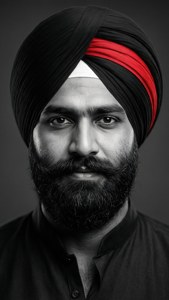Svart-hvitt profil av Karuppasamy med rødt aksent.