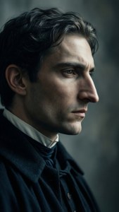 Ein stimmungsvolles Nahaufnahmeprofil von Charles de La Haye mit dramatischer Chiaroscuro-Beleuchtung.