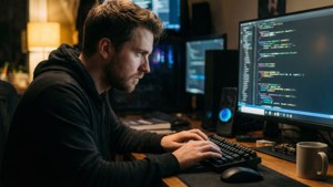 En fokusert programmerer som skriver i et svakt opplyst rom med kode som reflekteres i ansiktet