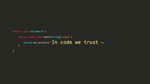 Java code snippet with 'In code we trust' message displayed in a terminal-style interface. — Programmer Wallpaper