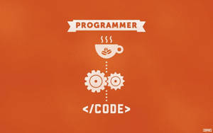 White graphic of coffee cup powering gears leading to code tag on orange background. — Coding Picture