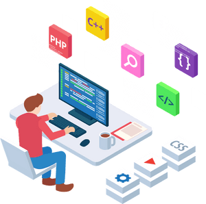 Coder working at computer with floating programming language icons.