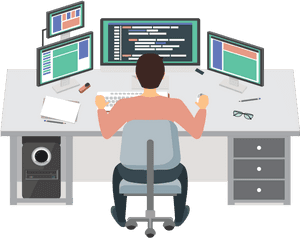 Person coding at a multi-monitor desk with glasses and keyboard