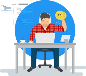 Man coding at desk lifting dumbbell labeled ES with coffee cup nearby.