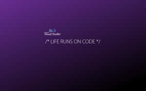 Microsoft Visual Studio logo with tagline life runs on code on purple gradient background — Programming Picture