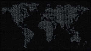 Contorno del mapa mundial hecho de dígitos binarios en una pantalla oscura.