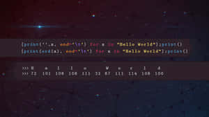 Python code showing ASCII values for Hello World on a starry network background.