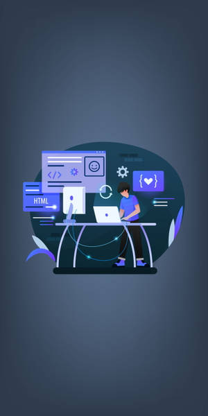Uno sviluppatore che codifica su un laptop con icone fluttuanti di HTML e JavaScript. — Need For Speed iPhone Sfondi