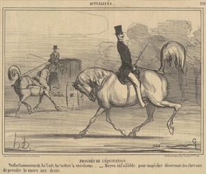 Progrès de l'équitation by Honoré Daumier, created 1856, in lithograph. Download this artwork as a high-resolution wallpaper for desktop, tablet, or mobile. — Honoré Daumier Wallpaper