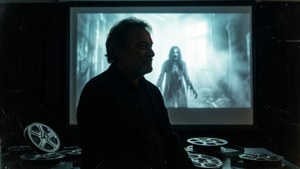 Sam Raimi silueteado contra una proyección de película de terror