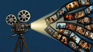 SVG-stil vektorkunst af en filmprojektor, der stråler filmrammer med ikoniske scener.