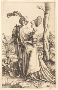 Promenade by Albrecht Dürer, created c. 1497, in engraving on laid paper. Download this artwork as a high-resolution wallpaper for desktop, tablet, or mobile. — Art Picture