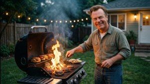 Hank Hill grillt gekonnt Burger auf seinem Propangrill im Hinterhof.