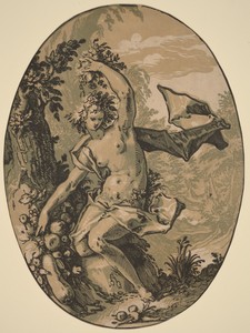 Proserpine by Hendrick Goltzius, created 1588/1590, in chiaroscuro woodcut printed from 3 blocks: black line block and 2 tone blocks in sepia-ochre and olive; o — Hendrick Goltzius Wallpaper