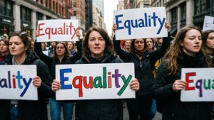 Diversos manifestantes marchando con carteles de 'Equality', escena callejera enérgica.