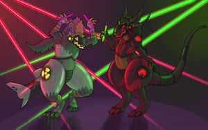 To glødende kybernetiske dinosaurer danser under neonlaserlys.