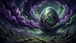 Abstrakt surrealistisk kunst af Ergo Proxy-ægget i et mørkt landskab.