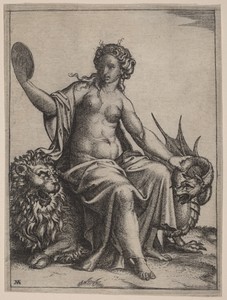 Prudence by Marcantonio Raimondi, created c. 1513/1514, in engraving on laid paper. Download this artwork as a high-resolution wallpaper for desktop, tablet, or — Marcantonio Raimondi Wallpaper