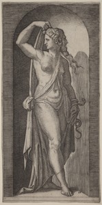Prudence by Marcantonio Raimondi, created c. 1515-1525, in engraving. Download this artwork as a high-resolution wallpaper for desktop, tablet, or mobile. — Marcantonio Raimondi Wallpaper