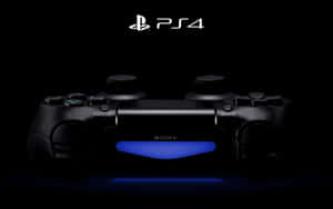 Black PS4 controller with glowing blue light against dark background.