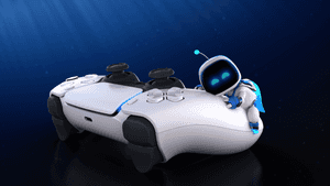 En vit PlayStation 5-kontroll med en liten blå robot som vilar på den under vattnet i en stjärnklar blå scen. — Dmc 5 bakgrund Bakgrundsbilder