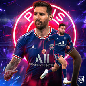 Lionel Messi i Paris Saint-Germain-fotbollströja mot en glödande neon futuristisk bakgrund. — Ps3 Bakgrundsbilder