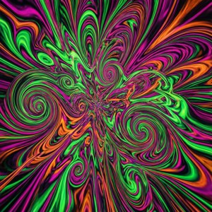 Trippy, psykedeelinen räjähdys, jossa on neonvihreitä, magentan ja oranssin värejä.