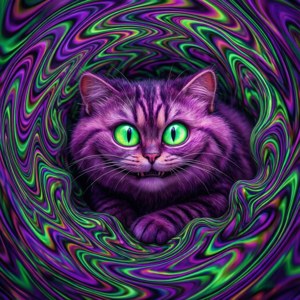 Paarse kat met gloeiende groene ogen in een wervelende psychedelische draaikolk.