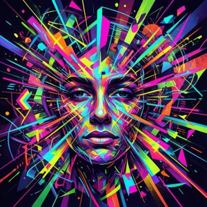 Ledakan neon abstrak dengan wajah tersembunyi, seni digital terinspirasi rave.