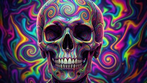 Crânio Misfits com redemoinhos psicodélicos de neon