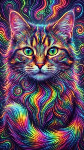 Trippy Cheshire Cat con rayas de arcoíris y remolinos de neón.