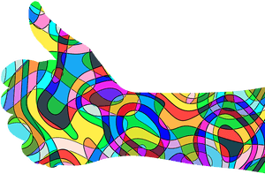 A stylized colorful hand giving a thumbs up gesture with abstract swirls.