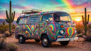A vintage trippy retro aesthetic van with psychedelic paint in the desert.