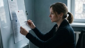 Ein forensischer Psychologe analysiert schriftliche Aussagen auf einem Whiteboard in einem ruhigen Beratungsraum