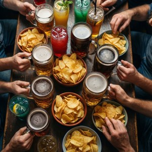 Top-down udsigt over et travlt pub-bord med drikkevarer og snacks