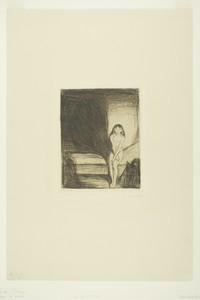 Puberty by Edvard Munch, created 1902, in Etching in black on cream wove paper. Download this artwork as a high-resolution wallpaper for desktop, tablet, or mob — Illustration Wallpaper