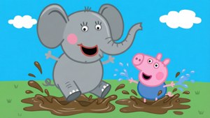 Emily Gajah melompat di genangan lumpur bersama Peppa dan George.