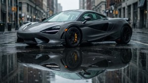 McLaren 620R heijastuu lätäkössä märällä kaupunkikadulla.