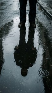 En persons refleksjon i en sølepytt symboliserer introspeksjon og savn etter noen.
