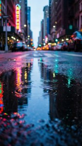 Rain puddle reflecting neon lights on wet city street at dusk. — City Lights Picture