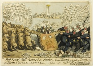 Pull Devil, Pull Baker! by George Cruikshank, created published April 30, 1819, in Hand-colored engraving on paper. Download this artwork as a high-resolution w — Illustration Background