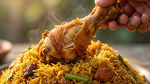 Sebuah tangan menarik paha ayam yang juicy dari tumpukan nasi biryani
