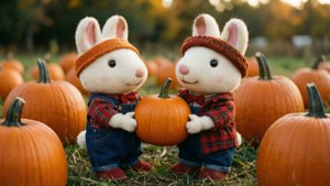 Max et Ruby cueillent des citrouilles dans un champ en automne.