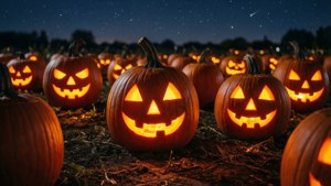 Jack-o'-lykter med glødende Halloween-lys i et gresskarfelt.